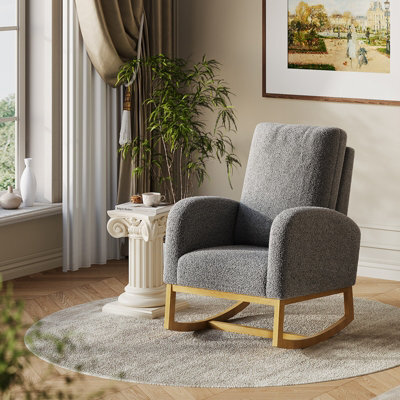 Boucle Rocking Armchair Upholstered High Back Accent Chair With Wooden Base - Dark Grey - image 1