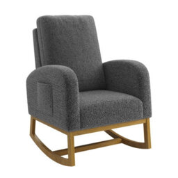 Boucle Rocking Armchair Upholstered High Back Accent Chair With Wooden Base - Dark Grey - thumbnail 2