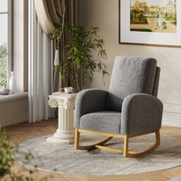 Boucle Rocking Armchair Upholstered High Back Accent Chair With Wooden Base - Dark Grey - thumbnail 1
