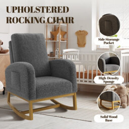 Boucle Rocking Armchair Upholstered High Back Accent Chair With Wooden Base - Dark Grey - thumbnail 4