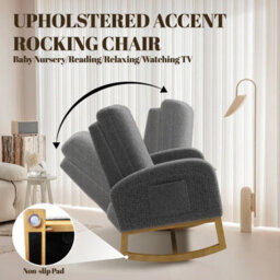 Boucle Rocking Armchair Upholstered High Back Accent Chair With Wooden Base - Dark Grey - thumbnail 5