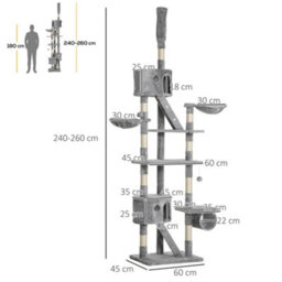 Pawhut Kitten Tower Adjustable 240-260Cm, Scratch Posts, Houses, Dark Grey - thumbnail 3