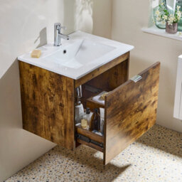 Homestylestore 600mm Dark Oak Wall Hung Bathroom Vanity Unit And Chrome Finger Pull Handle - thumbnail 3