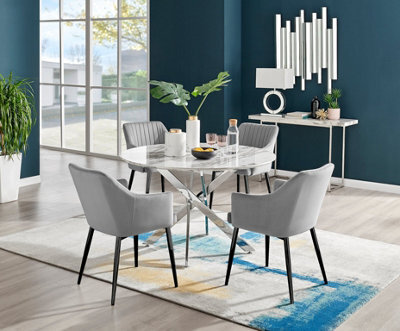 Furniturebox Novara White Marble Effect 120Cm Round Dining Table With Chrome Starburst Legs & 6 Grey Faux Leather Lorenzo Chairs - image 1