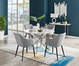 Furniturebox Novara White Marble Effect 120Cm Round Dining Table With Chrome Starburst Legs & 6 Grey Faux Leather Lorenzo Chairs