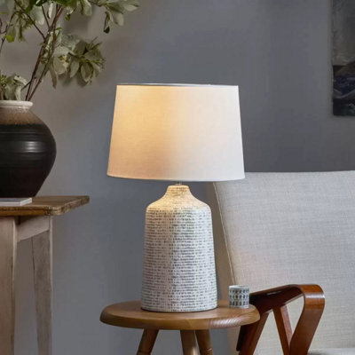 Xample Vondra Ceramic Table Lamp Grey White Glazed Base With Ivory Linen Shade Modern E27 Lighting For Living Room Bedroom - image 1