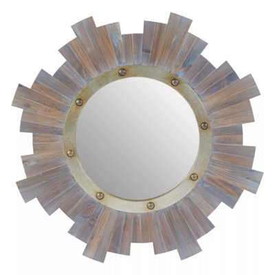 Orsina Wooden Wall Mirror With Grey Birch Frame & Metal Studs, Round Reflective Accent, Framed Wall Centrepiece - image 1