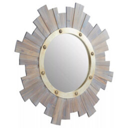 Orsina Wooden Wall Mirror With Grey Birch Frame & Metal Studs, Round Reflective Accent, Framed Wall Centrepiece - thumbnail 2