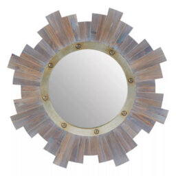 Orsina Wooden Wall Mirror With Grey Birch Frame & Metal Studs, Round Reflective Accent, Framed Wall Centrepiece