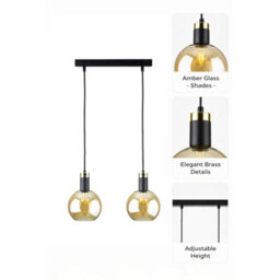 Luminosa Lighting Luminosa Auralis Bar Pendant Ceiling Light Black, Gold Amber Glass Shade 2X E27 - thumbnail 4