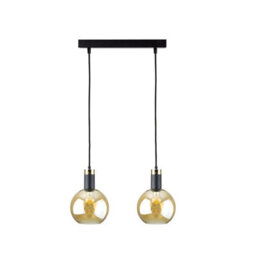 Luminosa Lighting Luminosa Auralis Bar Pendant Ceiling Light Black, Gold Amber Glass Shade 2X E27 - thumbnail 1