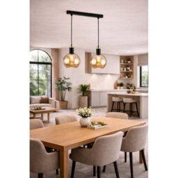 Luminosa Lighting Luminosa Auralis Bar Pendant Ceiling Light Black, Gold Amber Glass Shade 2X E27 - thumbnail 2