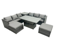 Fimous Rattan Dining Table Sofa Set With Side Table 2 Stools Outdoor 8 Seat Garden Furniture Set Dark Grey Mixed - thumbnail 1