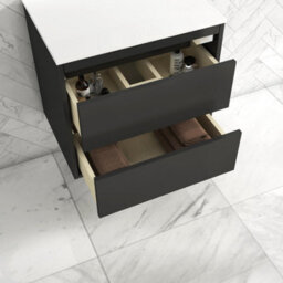 Royal Bathrooms Orion 600mm Hale Black Wall Hung Plain White Countertop Vanity Unit 2 Drawer With Peak Basin & Chrome Accent Trim - thumbnail 3