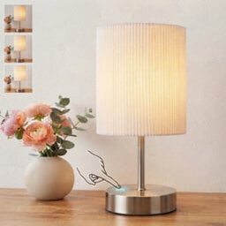 Touch Bedside Table Lamp Silver 3D Pleated Fabric Shade - thumbnail 1