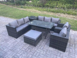 Fimous Garden Furniture Rattan Lounge Sofa Set Patio Rectangular Dining Table With 2 Armchair Side Table Big Footstool 9 Seater - thumbnail 1