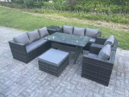 Fimous Garden Furniture Rattan Lounge Sofa Set Patio Rectangular Dining Table With 2 Armchair Side Table Big Footstool 9 Seater - thumbnail 2