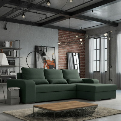 Virago Corner Sofa Bed For Living Room Foam Seat Wavy Springs Wood Legs With Storage Cushions 285X165X90 Green Right - image 1
