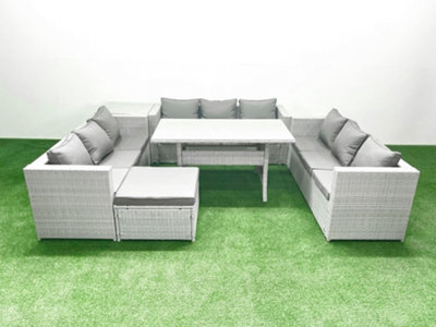 Fimous Rattan Garden Outdoor Furniture Set 10 Seater Garden Sofa Rectangulr Dining Table Set Big Stool Side Table Light Grey - image 1
