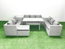 Fimous Rattan Garden Outdoor Furniture Set 10 Seater Garden Sofa Rectangulr Dining Table Set Big Stool Side Table Light Grey - thumbnail 1