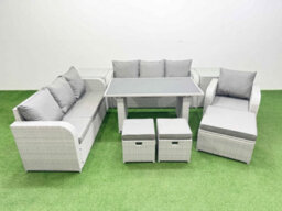 Fimous Rattan Garden Furniture Dining Set 10-Seater Patio Rectangular Table Sofa Set With 2 Side Tables 3 Stools Light Grey - thumbnail 2