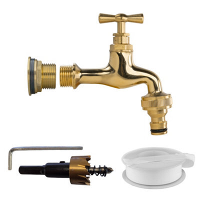 "3/4"" Brass Water Butt Set With Polished Brass Quick Connect Tap Ptfe Tape And 27mm Drill Bit" - image 1