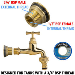 "3/4"" Brass Water Butt Set With Polished Brass Quick Connect Tap Ptfe Tape And 27mm Drill Bit" - thumbnail 4