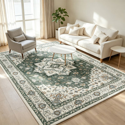 1.6X2.3M Area Rugs Living Room Washable Rug For Bedroom Green Ivory Boho No Slip Floor Floral Rugs For Dining Room, Home, Office - image 1