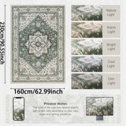 1.6X2.3M Area Rugs Living Room Washable Rug For Bedroom Green Ivory Boho No Slip Floor Floral Rugs For Dining Room, Home, Office - thumbnail 2
