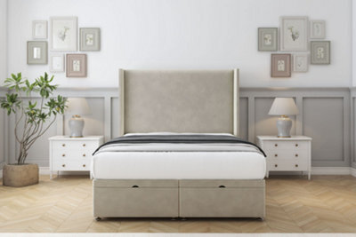 "Sloomy Devonshire Cream Plush Ottoman Bed Base With 54"" Wingback Headboard 4'6 Double" - image 1