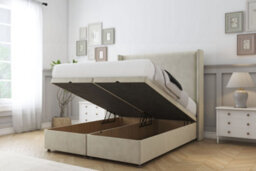 "Sloomy Devonshire Cream Plush Ottoman Bed Base With 54"" Wingback Headboard 4'6 Double" - thumbnail 2