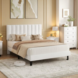 Double Velvet Upholstered Bed Frame With Adjustable Tufted Headboard - White - thumbnail 1