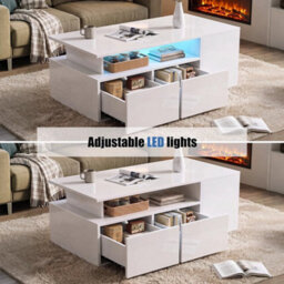 Led High Gloss Coffee Table With 2 Push Latch Open Drawers - thumbnail 3