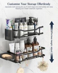 Shower Caddy 2 Tier Rustproof No Drill Bathroom Caddy, 33Cm Self Adhesive Bathroom Shelves, Shower Basket With Soap Holder, Hooks - thumbnail 3