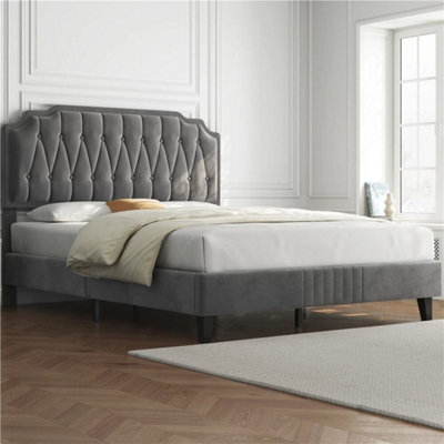 150X200Cm Dark Grey Double Upholstered Bed With Adjustable Tufted Headboard Dark Grey - image 1