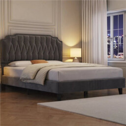 150X200Cm Dark Grey Double Upholstered Bed With Adjustable Tufted Headboard Dark Grey - thumbnail 3