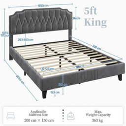 150X200Cm Dark Grey Double Upholstered Bed With Adjustable Tufted Headboard Dark Grey - thumbnail 2