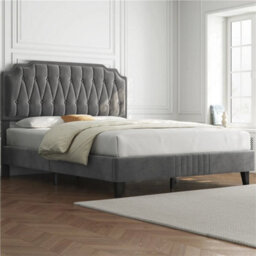 150X200Cm Dark Grey Double Upholstered Bed With Adjustable Tufted Headboard Dark Grey - thumbnail 1