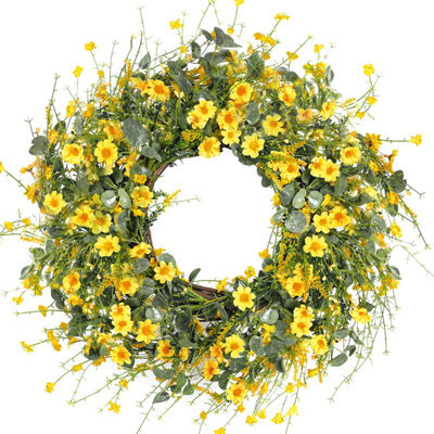 Amorly Yellow Daisy Wreath 17 In Spring Summer Wreath Fake Silk Floral Wreath For Front Door Window Wall Wedding Farmhouse Festival Decor - image 1