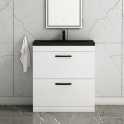 Royal Bathrooms Turin 800mm Floor Standing Vanity Unit 2 Drawer Gloss White With Black Basin & Handles - thumbnail 1