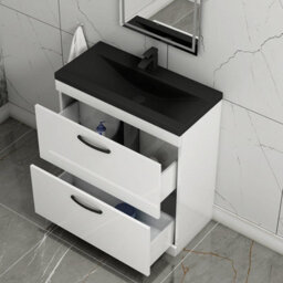 Royal Bathrooms Turin 800mm Floor Standing Vanity Unit 2 Drawer Gloss White With Black Basin & Handles - thumbnail 6