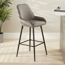 The Furniture Market Savoy Storm Grey Velvet Bar Stool 72Cm Seat Height Black Satin Metal Legs Diamond Quilted Back Anti-Scratch Adjustable Feet
