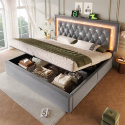 Abrihome Upholstered 4Ft6 Double Bed With Sparkling Led Headboard, Hydraulic Storage & Usb-C, Grey - thumbnail 1