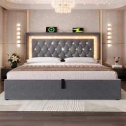 Abrihome Upholstered 4Ft6 Double Bed With Sparkling Led Headboard, Hydraulic Storage & Usb-C, Grey - thumbnail 9