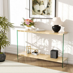 Artloge 120Cm Narrow Clear Glass Console Table Entryway Hallway Living Room With Storage Shelf - thumbnail 8