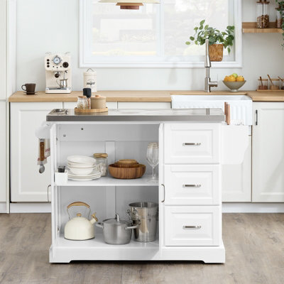 Sobuy Kitchen Trolley With 3 Drawers 2 Doors Foldable Extension Table 51.2X28X35.8 Inch Load Capacity 99 Kg Fkw41-Iii-St - White - image 1