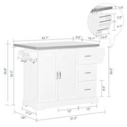 Sobuy Kitchen Trolley With 3 Drawers 2 Doors Foldable Extension Table 51.2X28X35.8 Inch Load Capacity 99 Kg Fkw41-Iii-St - White - thumbnail 2