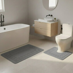 2 Piece Box Design Bath Mat Set Soft Absorbent Non-Slip Bathroom Mats Grey - thumbnail 1