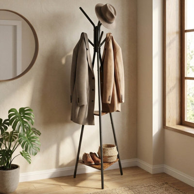 LEDREM Industrial Coat Rack With Stand, 2 Shelves, For Clothes, Hats And Bags, Hallway Organizer, Brown And Black - image 1