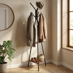 LEDREM Industrial Coat Rack With Stand, 2 Shelves, For Clothes, Hats And Bags, Hallway Organizer, Brown And Black - thumbnail 1